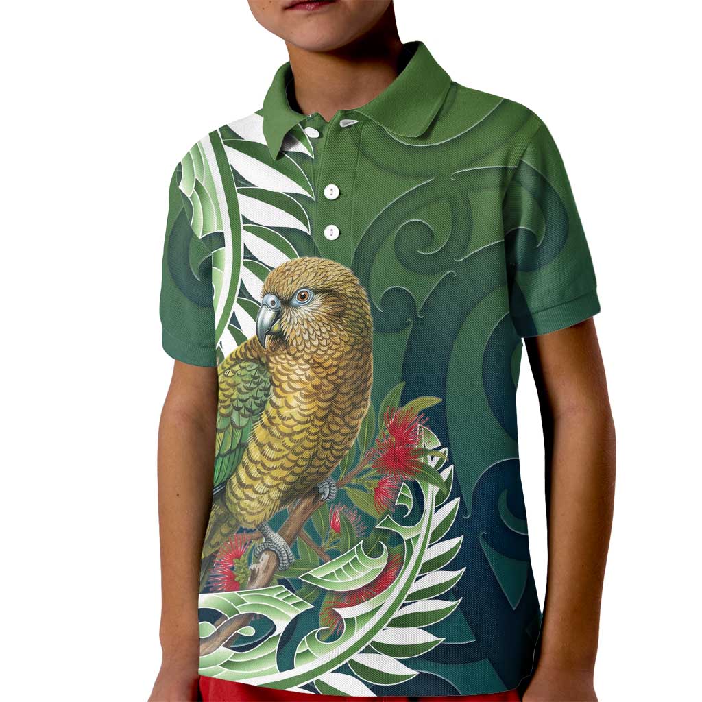 New Zealand Kea Bird Kid Polo Shirt With Maori Koru Fern LT05 Kid Green - Polynesian Pride