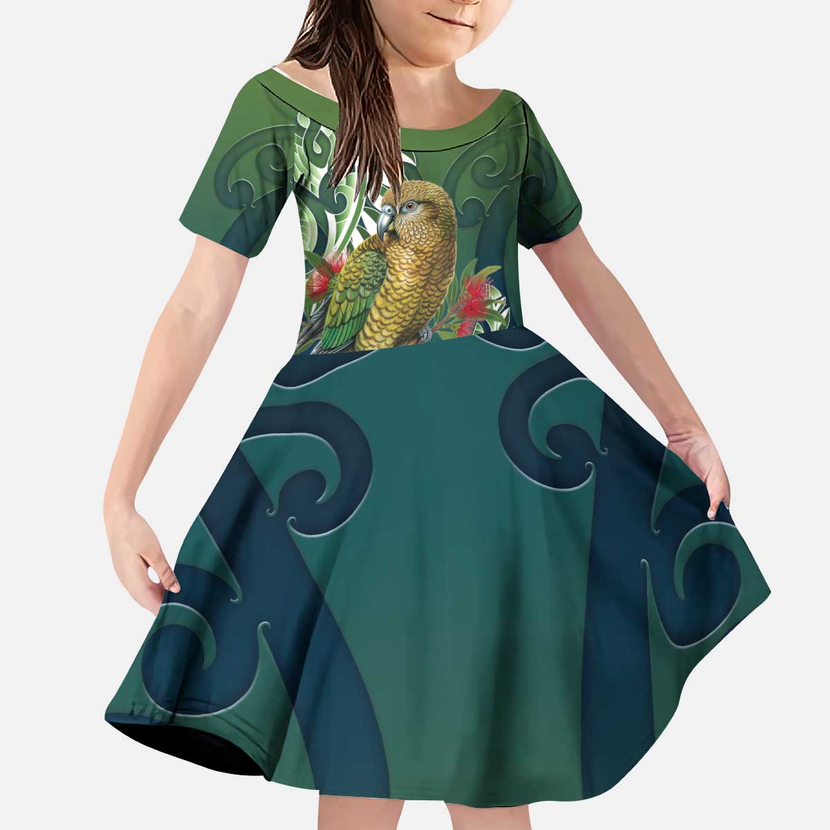 New Zealand Kea Bird Kid Short Sleeve Dress With Maori Koru Fern LT05 KID Green - Polynesian Pride