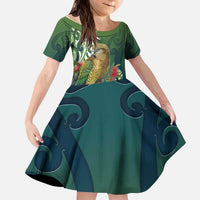 New Zealand Kea Bird Kid Short Sleeve Dress With Maori Koru Fern LT05 KID Green - Polynesian Pride