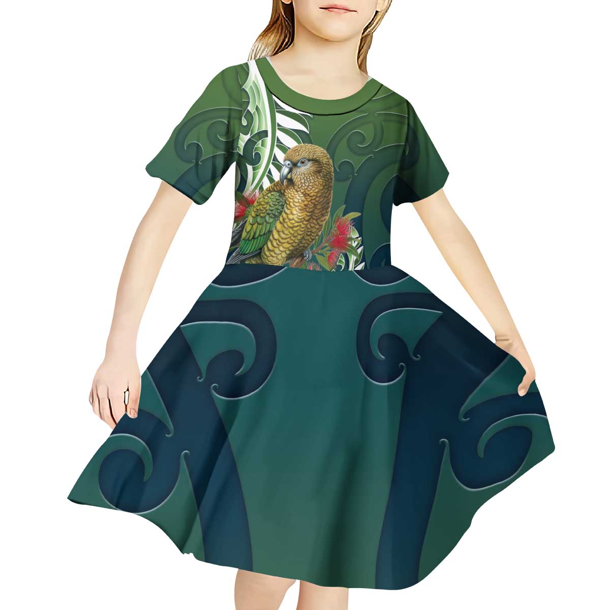 New Zealand Kea Bird Kid Short Sleeve Dress With Maori Koru Fern LT05 - Polynesian Pride