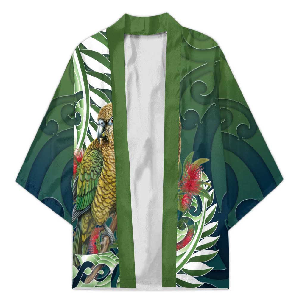 New Zealand Kea Bird Kimono With Maori Koru Fern LT05 Unisex Green - Polynesian Pride