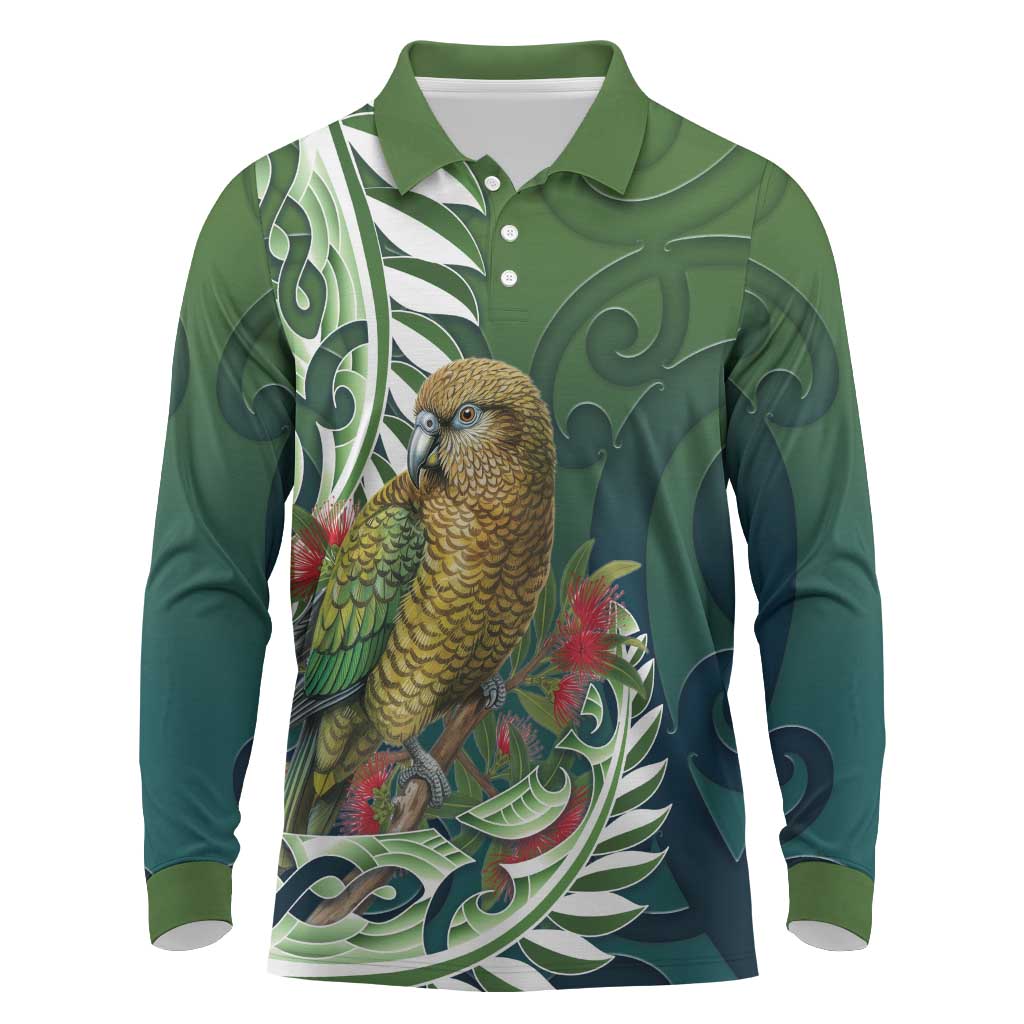 New Zealand Kea Bird Long Sleeve Polo Shirt With Maori Koru Fern LT05 Green - Polynesian Pride