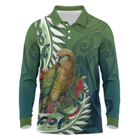 New Zealand Kea Bird Long Sleeve Polo Shirt With Maori Koru Fern LT05 Green - Polynesian Pride