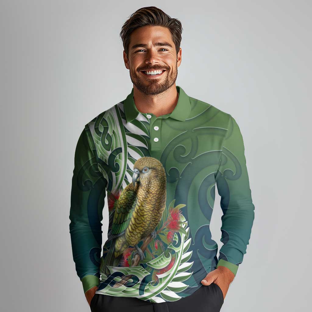 New Zealand Kea Bird Long Sleeve Polo Shirt With Maori Koru Fern LT05 - Polynesian Pride
