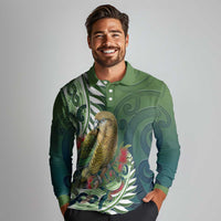 New Zealand Kea Bird Long Sleeve Polo Shirt With Maori Koru Fern LT05 - Polynesian Pride