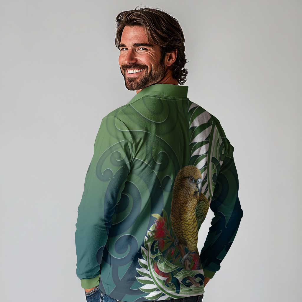 New Zealand Kea Bird Long Sleeve Polo Shirt With Maori Koru Fern LT05 - Polynesian Pride
