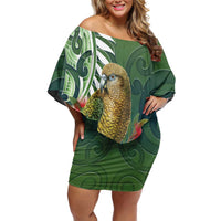 New Zealand Kea Bird Off Shoulder Short Dress With Maori Koru Fern LT05 Women Green - Polynesian Pride