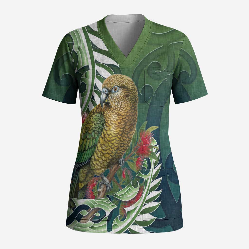New Zealand Kea Bird Scrub Top With Maori Koru Fern LT05 Adult Green - Polynesian Pride