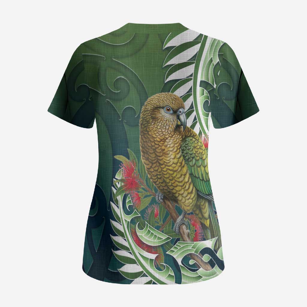 New Zealand Kea Bird Scrub Top With Maori Koru Fern LT05 - Polynesian Pride