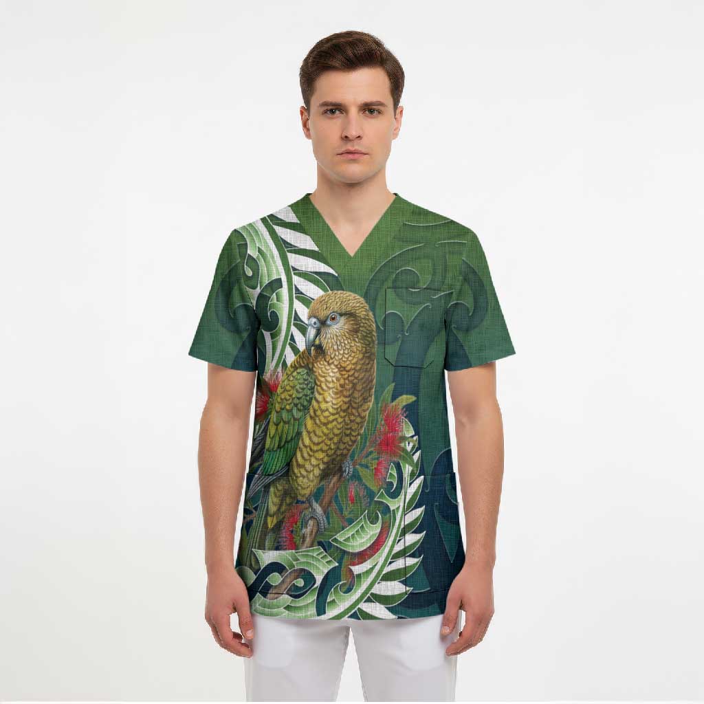 New Zealand Kea Bird Scrub Top With Maori Koru Fern LT05 - Polynesian Pride