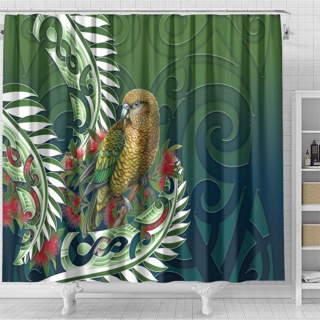 New Zealand Kea Bird Shower Curtain With Maori Koru Fern - Polynesian Pride