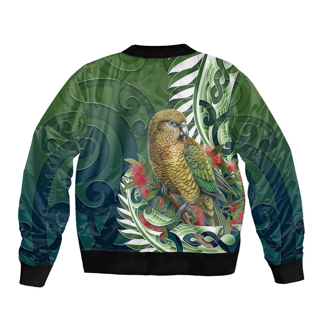 New Zealand Kea Bird Sleeve Zip Bomber Jacket With Maori Koru Fern - Polynesian Pride