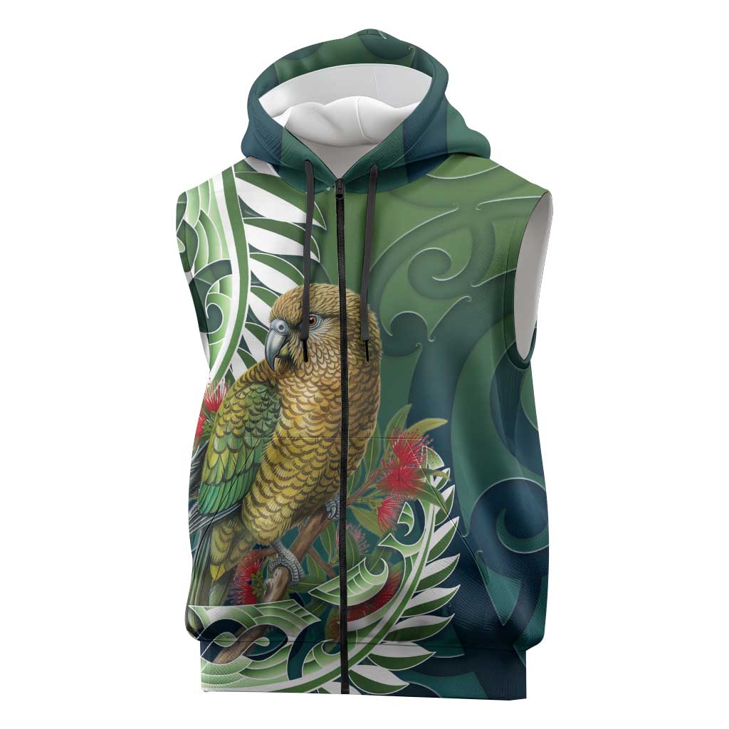 New Zealand Kea Bird Sleeveless Zip Hoodie With Maori Koru Fern - Polynesian Pride