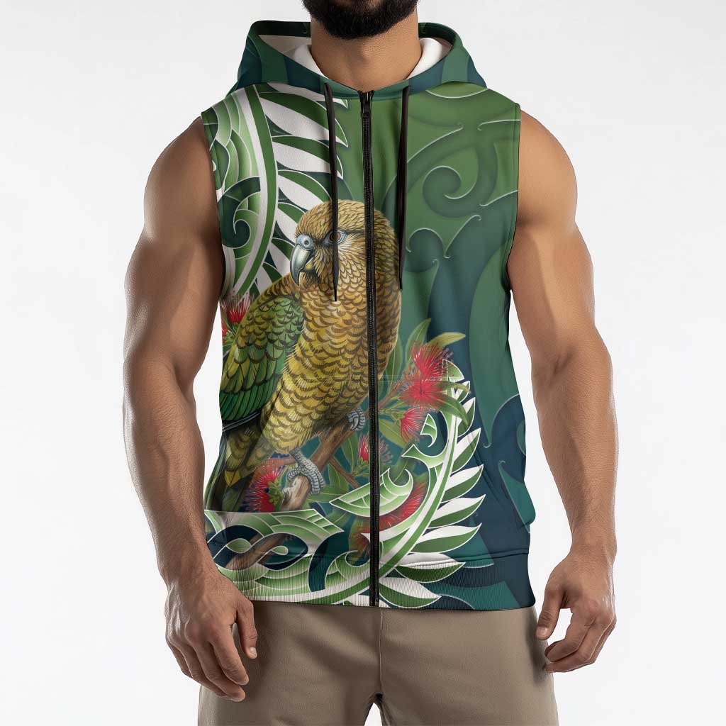 New Zealand Kea Bird Sleeveless Zip Hoodie With Maori Koru Fern - Polynesian Pride