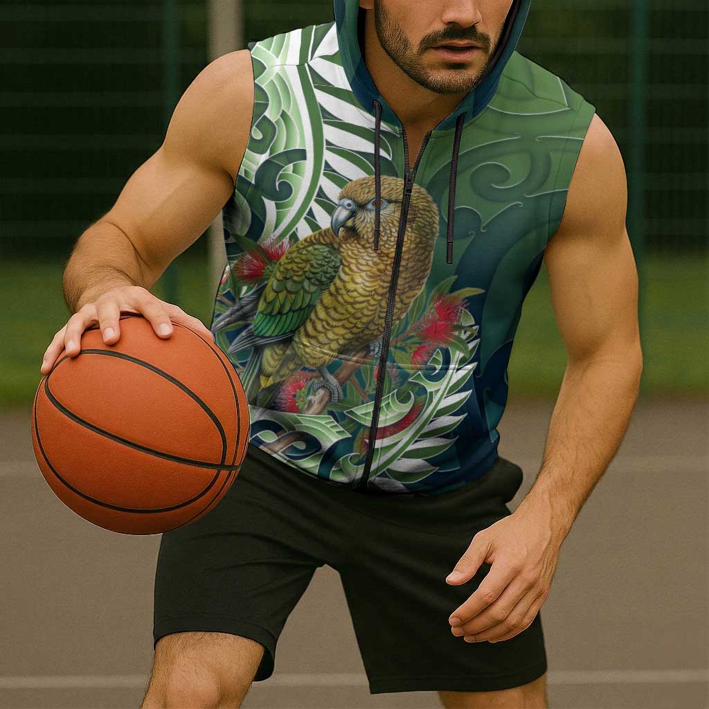New Zealand Kea Bird Sleeveless Zip Hoodie With Maori Koru Fern - Polynesian Pride
