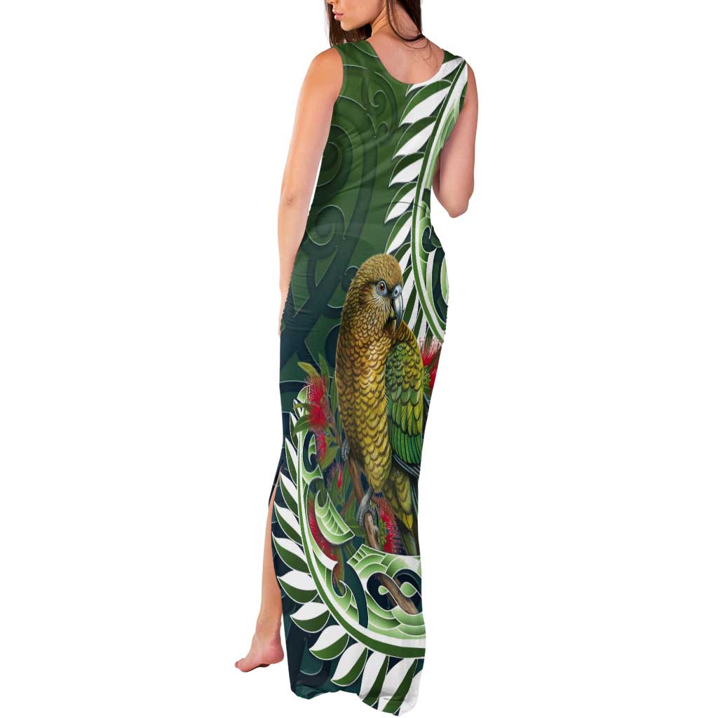 New Zealand Kea Bird Tank Maxi Dress With Maori Koru Fern - Polynesian Pride