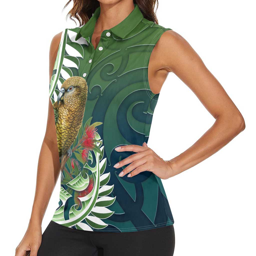 New Zealand Kea Bird Women Sleeveless Polo Shirt With Maori Koru Fern - Polynesian Pride