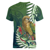 New Zealand Kea Bird Women V-Neck T-Shirt With Maori Koru Fern - Polynesian Pride