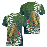 New Zealand Kea Bird Women V-Neck T-Shirt With Maori Koru Fern - Polynesian Pride