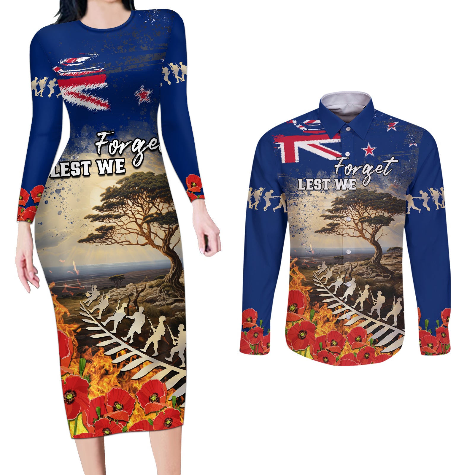New Zealand ANZAC Day Couples Matching Long Sleeve Bodycon Dress and Long Sleeve Button Shirt The Lonesome Pine With Soldier Fern LT05 Blue - Polynesian Pride
