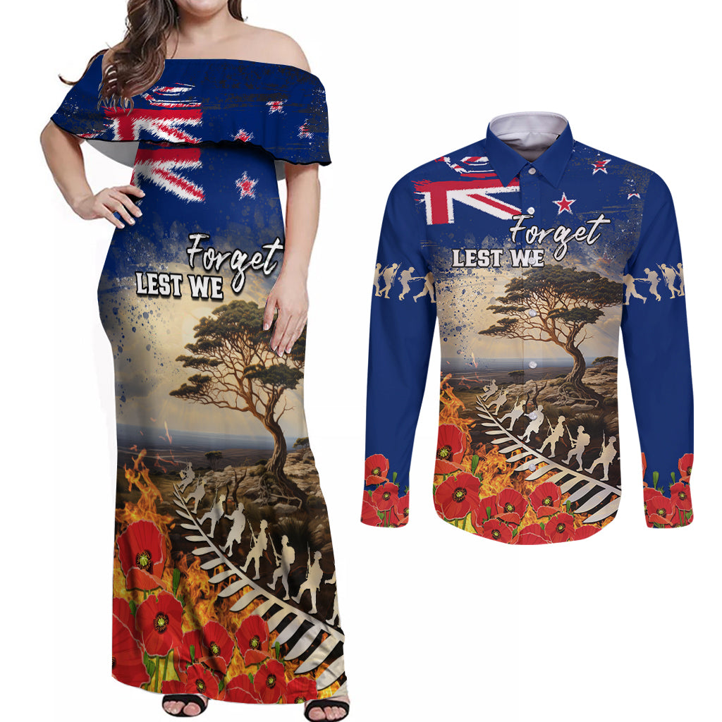 New Zealand ANZAC Day Couples Matching Off Shoulder Maxi Dress and Long Sleeve Button Shirt The Lonesome Pine With Soldier Fern LT05 Blue - Polynesian Pride