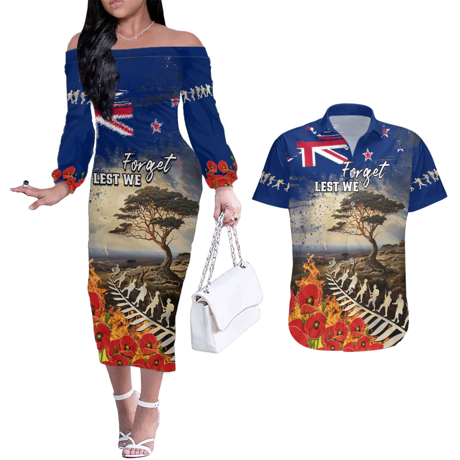 New Zealand ANZAC Day Couples Matching Off The Shoulder Long Sleeve Dress and Hawaiian Shirt The Lonesome Pine With Soldier Fern LT05 Blue - Polynesian Pride
