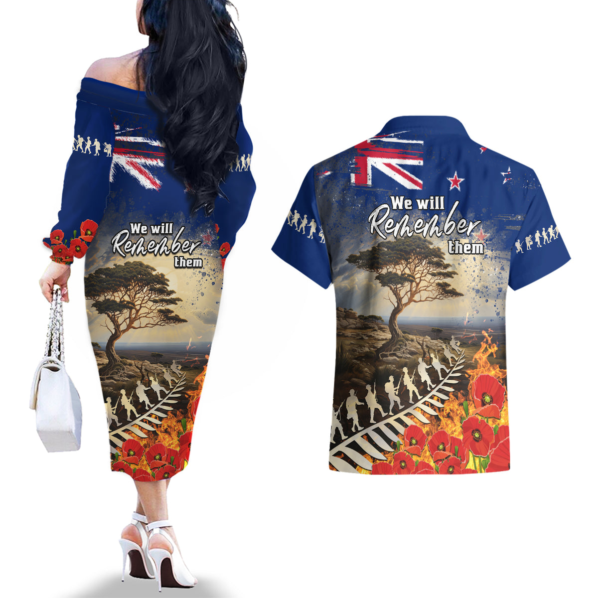 New Zealand ANZAC Day Couples Matching Off The Shoulder Long Sleeve Dress and Hawaiian Shirt The Lonesome Pine With Soldier Fern LT05 - Polynesian Pride