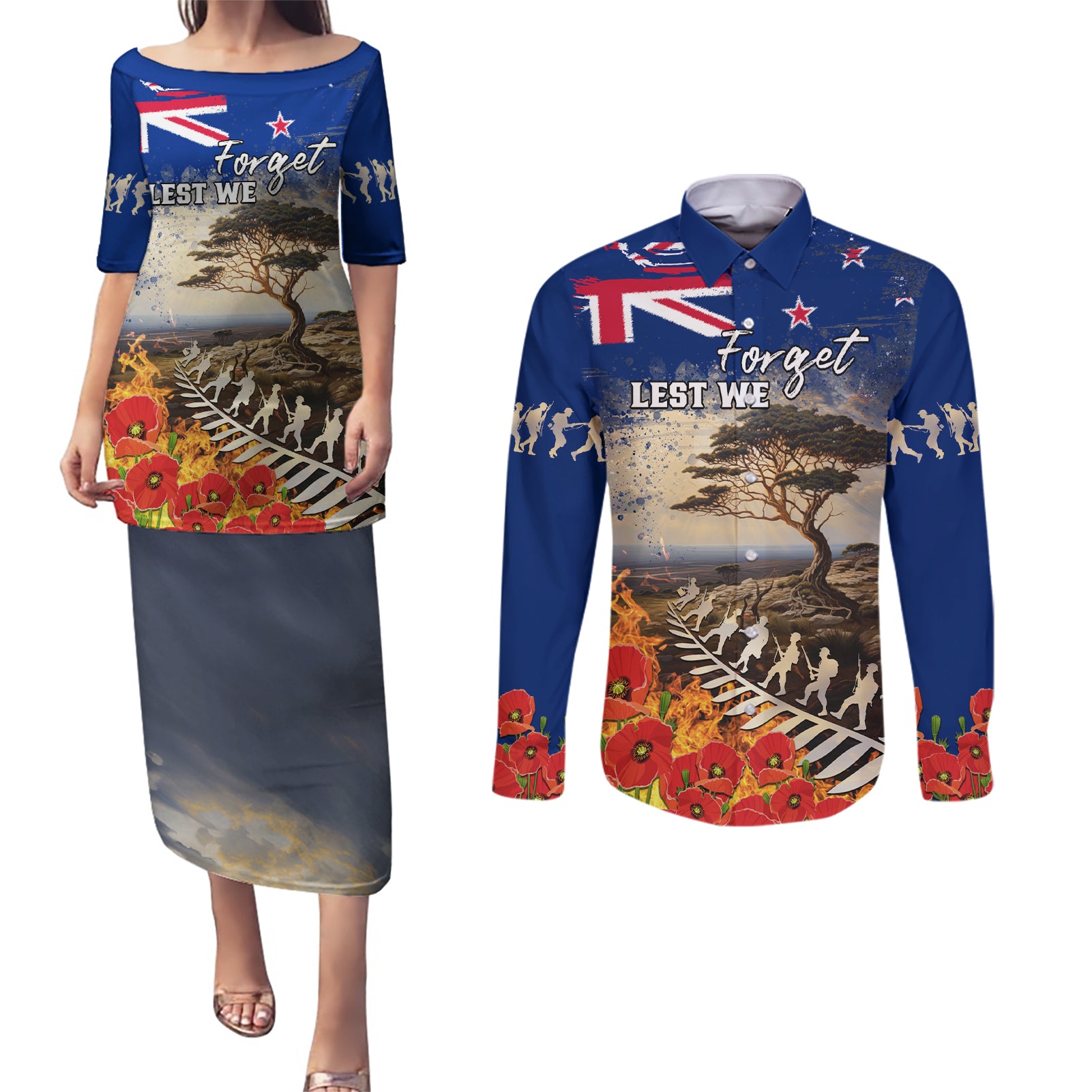 New Zealand ANZAC Day Couples Matching Puletasi and Long Sleeve Button Shirt The Lonesome Pine With Soldier Fern LT05 Blue - Polynesian Pride