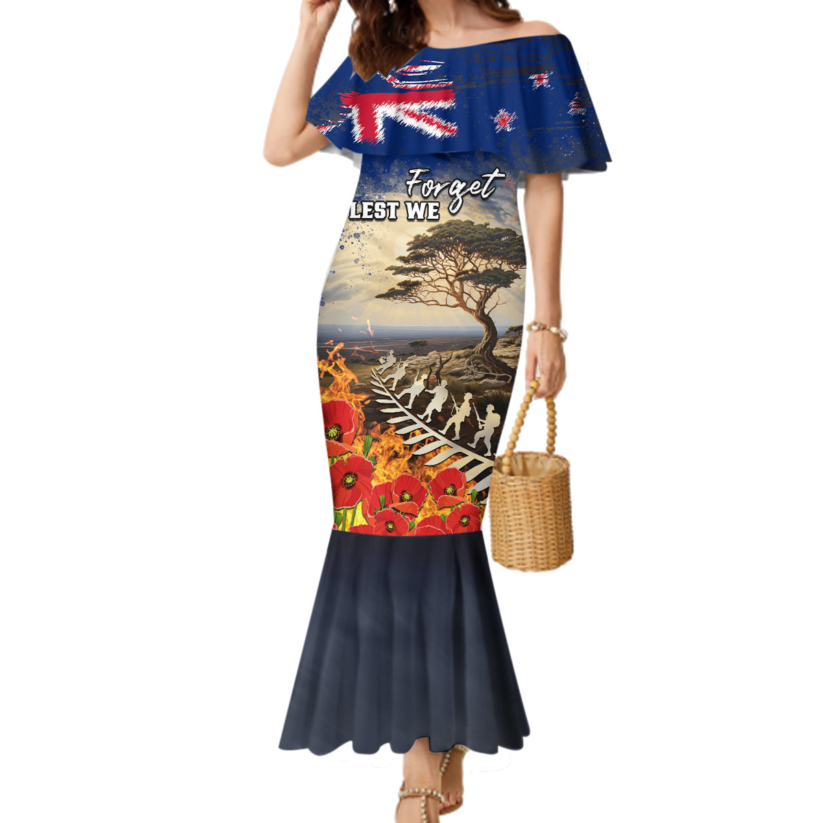 New Zealand ANZAC Day Family Matching Mermaid Dress and Hawaiian Shirt The Lonesome Pine With Soldier Fern LT05 Mom's Dress Blue - Polynesian Pride