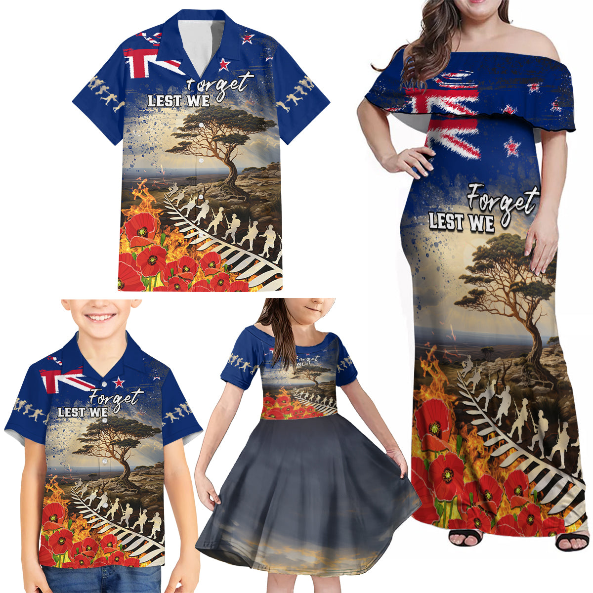 New Zealand ANZAC Day Family Matching Off Shoulder Maxi Dress and Hawaiian Shirt The Lonesome Pine With Soldier Fern LT05 - Polynesian Pride
