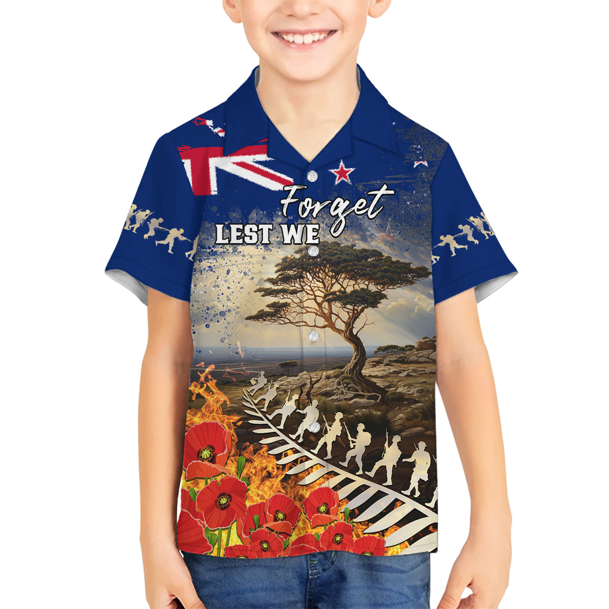 New Zealand ANZAC Day Family Matching Off Shoulder Maxi Dress and Hawaiian Shirt The Lonesome Pine With Soldier Fern LT05 Son's Shirt Blue - Polynesian Pride