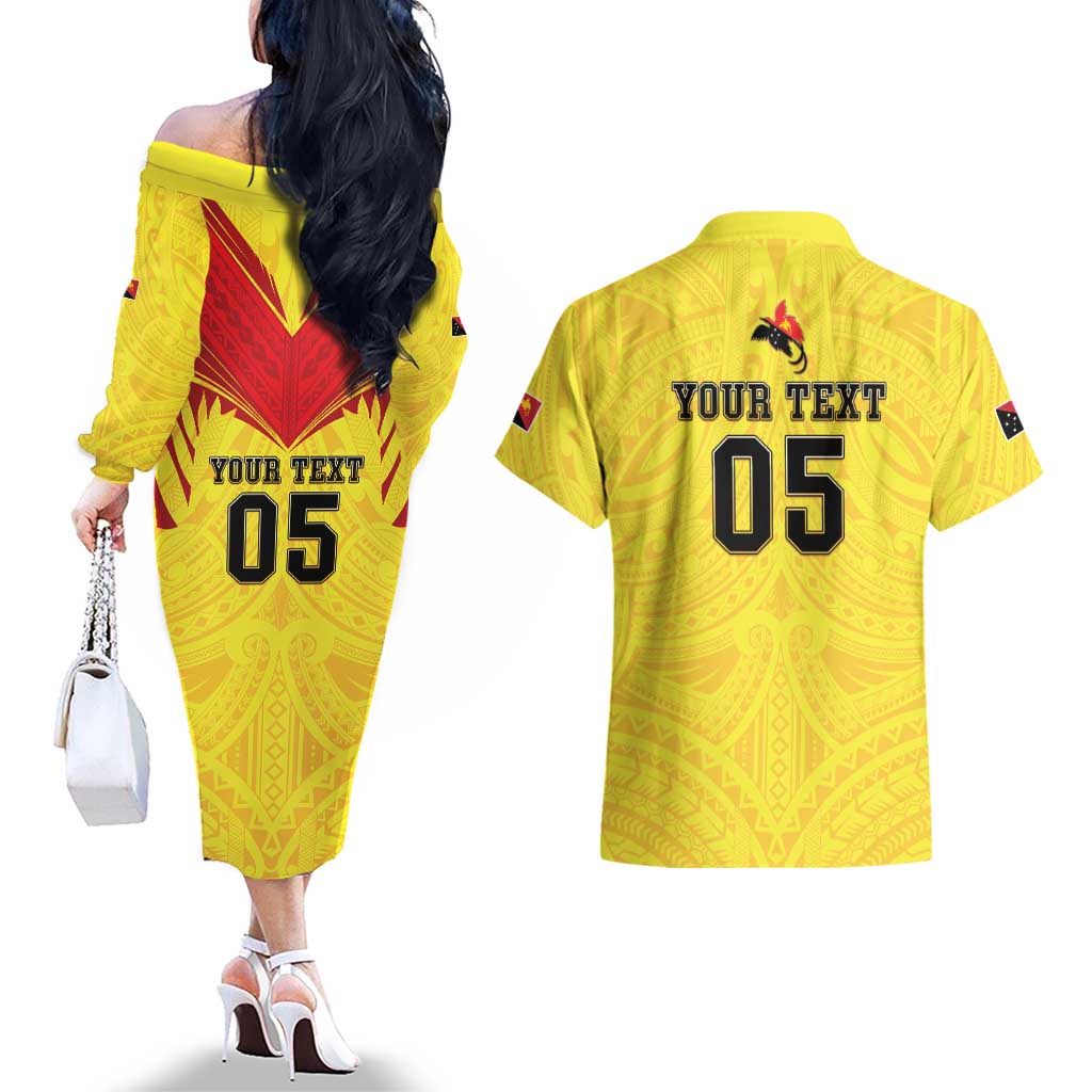 Papua New Guinea Rugby Custom Couples Matching Off The Shoulder Long Sleeve Dress and Hawaiian Shirt Kumuls Heritage