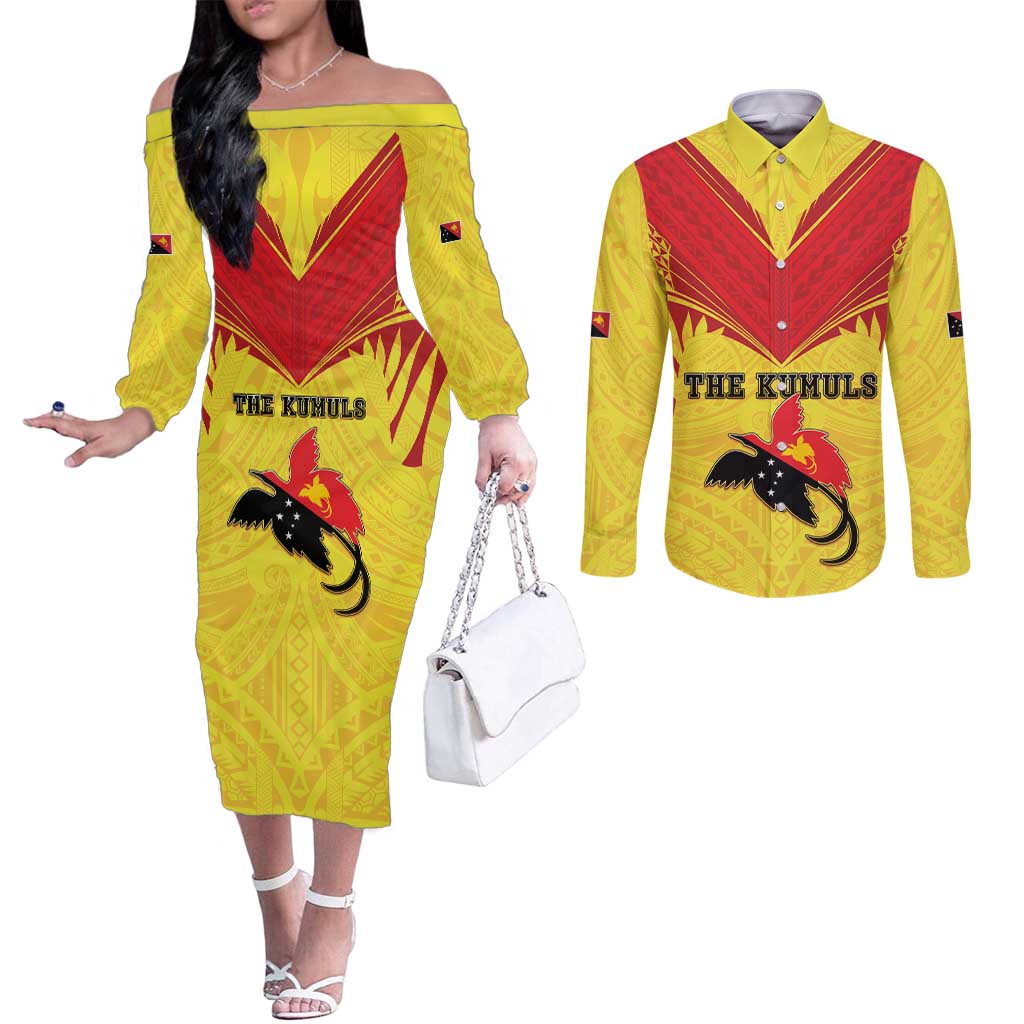 Papua New Guinea Rugby Custom Couples Matching Off The Shoulder Long Sleeve Dress and Long Sleeve Button Shirt Kumuls Heritage
