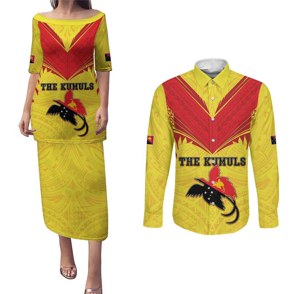 Papua New Guinea Rugby Custom Couples Matching Puletasi and Long Sleeve Button Shirt Kumuls Heritage LT05 Yellow - Polynesian Pride