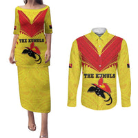 Papua New Guinea Rugby Custom Couples Matching Puletasi and Long Sleeve Button Shirt Kumuls Heritage LT05 Yellow - Polynesian Pride