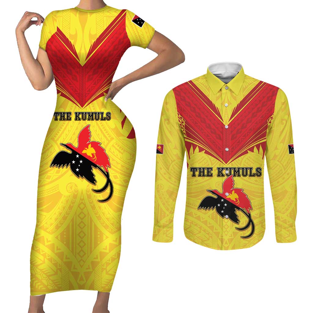 Papua New Guinea Rugby Custom Couples Matching Short Sleeve Bodycon Dress and Long Sleeve Button Shirt Kumuls Heritage