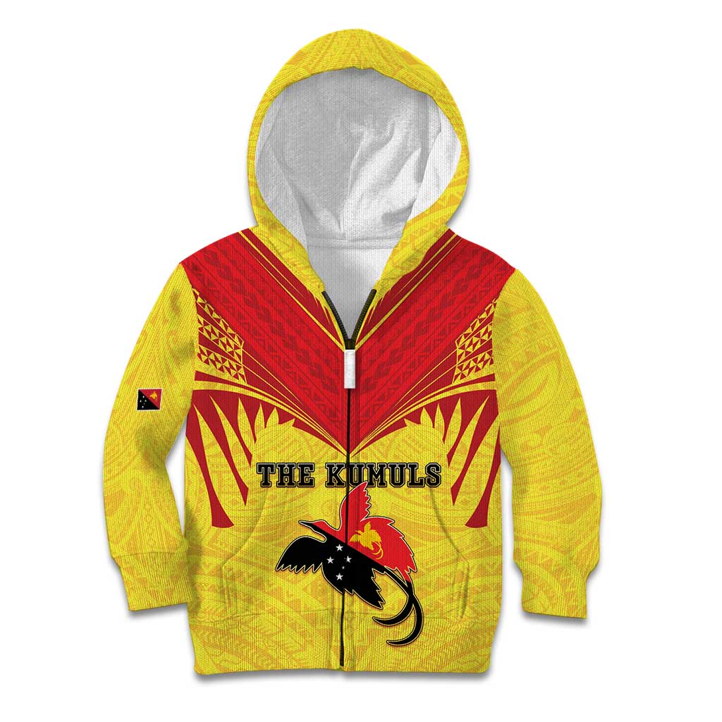 Papua New Guinea Rugby Custom Kid Hoodie Kumuls Heritage LT05 Zip Hoodie Yellow - Polynesian Pride