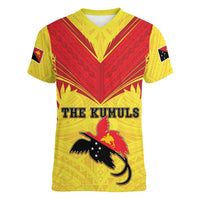 Papua New Guinea Rugby Custom Women V-Neck T-Shirt Kumuls Heritage LT05 Female Yellow - Polynesian Pride