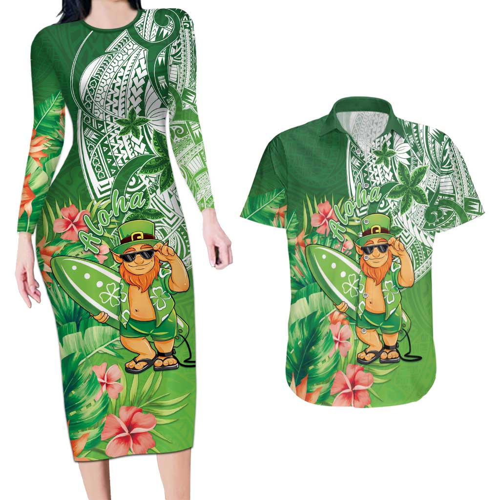 Aloha Hawaii St Patrick's Day Couples Matching Long Sleeve Bodycon Dress and Hawaiian Shirt Polynesian Style