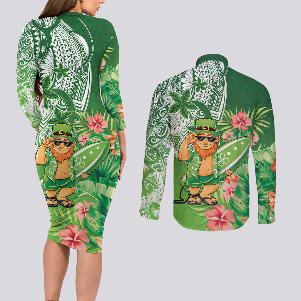 Aloha Hawaii St Patrick's Day Couples Matching Long Sleeve Bodycon Dress and Long Sleeve Button Shirt Polynesian Style