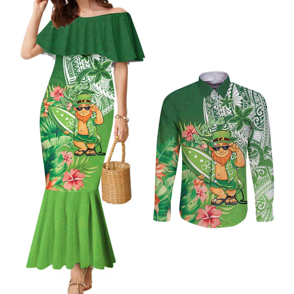 Aloha Hawaii St Patrick's Day Couples Matching Mermaid Dress and Long Sleeve Button Shirt Polynesian Style