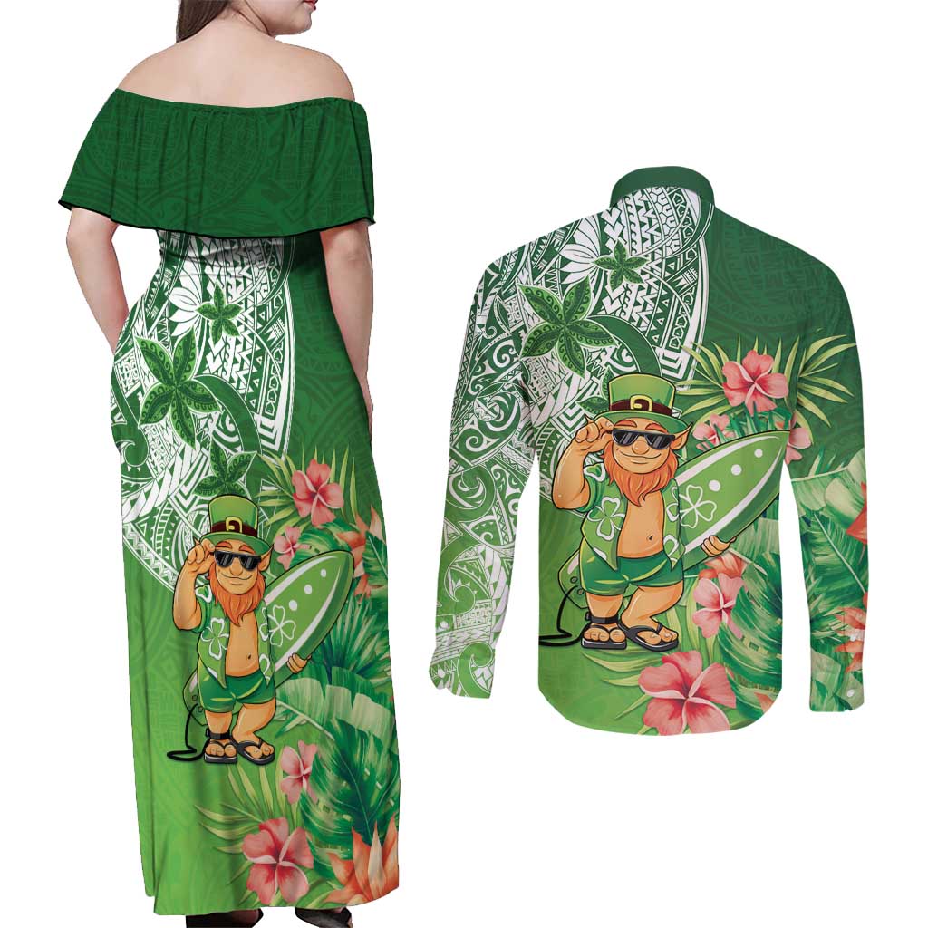 Aloha Hawaii St Patrick's Day Couples Matching Off Shoulder Maxi Dress and Long Sleeve Button Shirt Polynesian Style