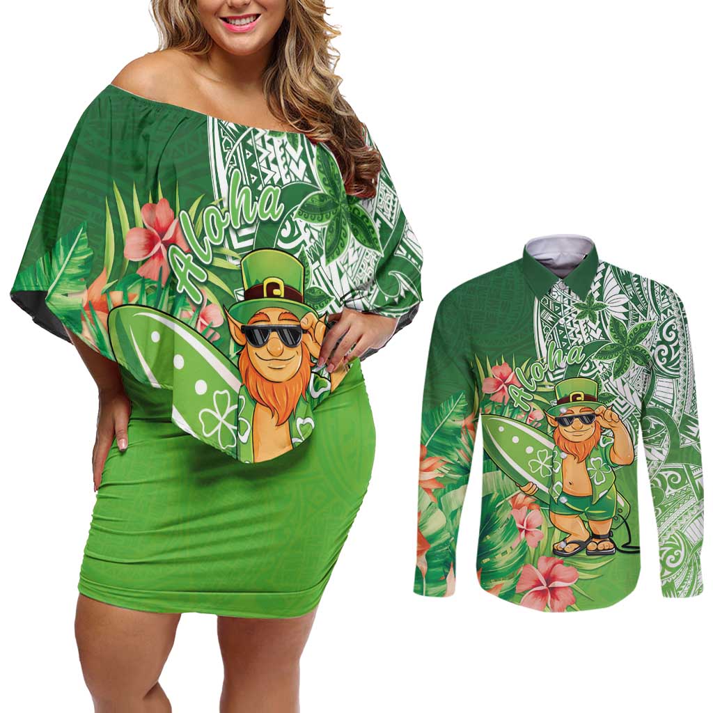 Aloha Hawaii St Patrick's Day Couples Matching Off Shoulder Short Dress and Long Sleeve Button Shirt Polynesian Style
