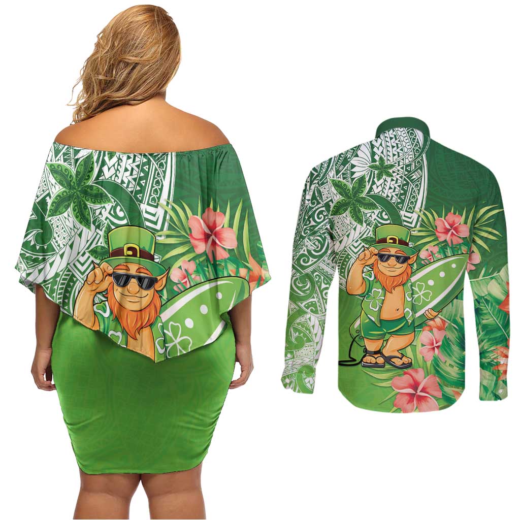 Aloha Hawaii St Patrick's Day Couples Matching Off Shoulder Short Dress and Long Sleeve Button Shirt Polynesian Style