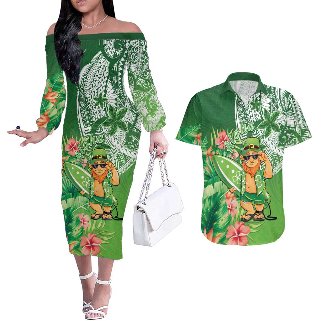Aloha Hawaii St Patrick's Day Couples Matching Off The Shoulder Long Sleeve Dress and Hawaiian Shirt Polynesian Style