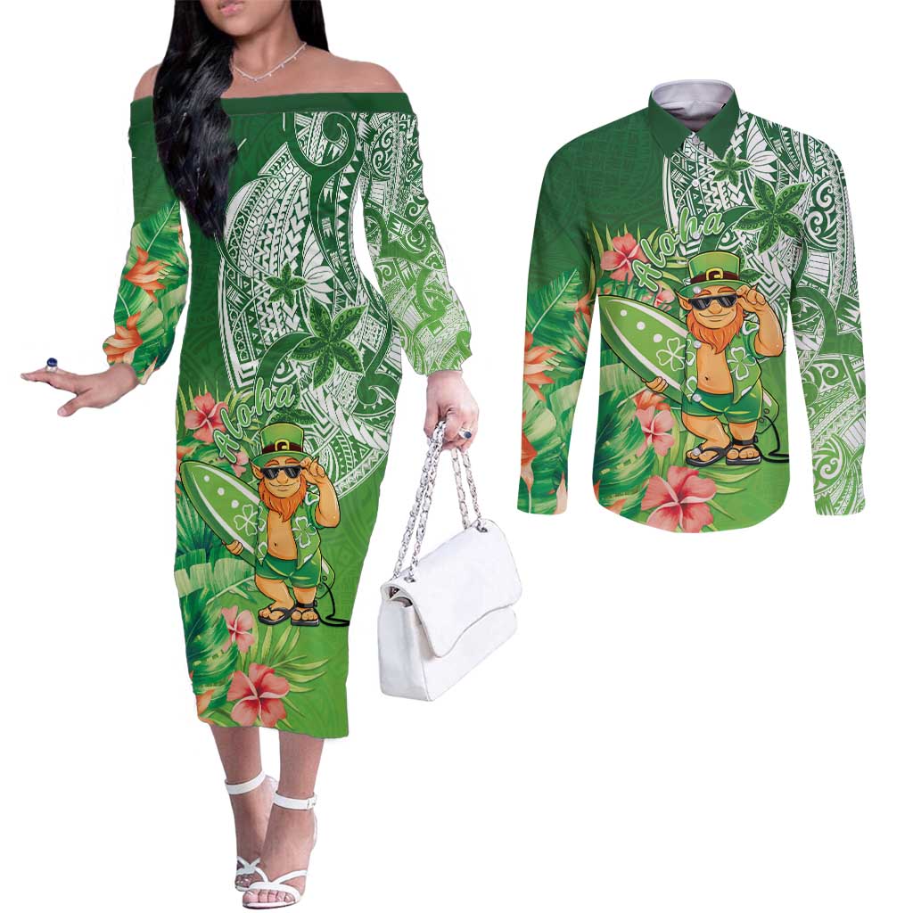 Aloha Hawaii St Patrick's Day Couples Matching Off The Shoulder Long Sleeve Dress and Long Sleeve Button Shirt Polynesian Style LT05 Green - Polynesian Pride