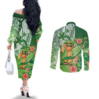Aloha Hawaii St Patrick's Day Couples Matching Off The Shoulder Long Sleeve Dress and Long Sleeve Button Shirt Polynesian Style LT05 - Polynesian Pride