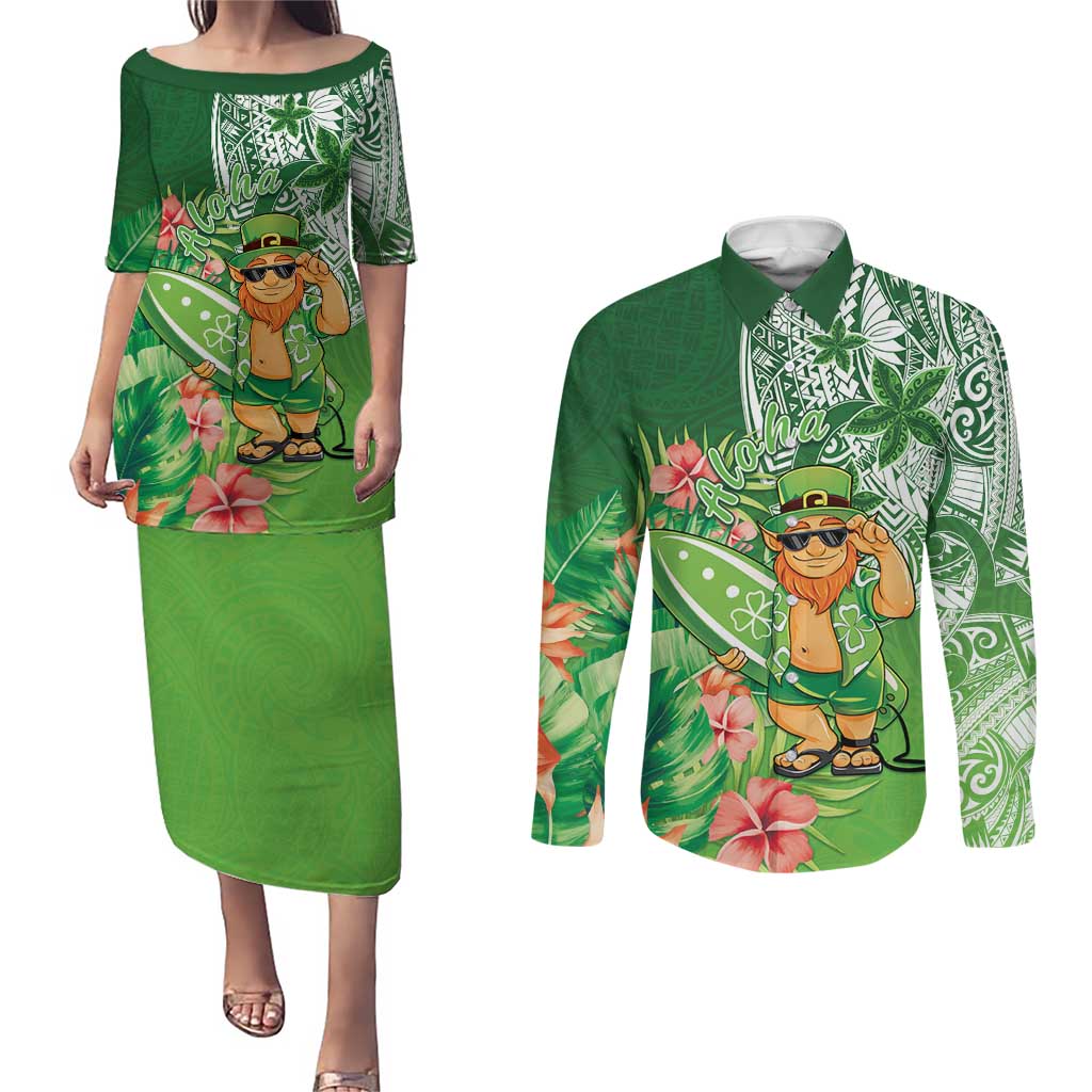 Aloha Hawaii St Patrick's Day Couples Matching Puletasi and Long Sleeve Button Shirt Polynesian Style