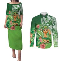 Aloha Hawaii St Patrick's Day Couples Matching Puletasi and Long Sleeve Button Shirt Polynesian Style