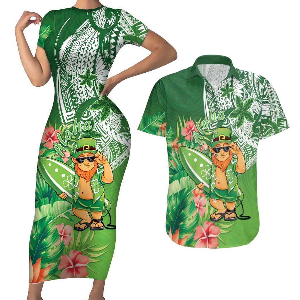 Aloha Hawaii St Patrick's Day Couples Matching Short Sleeve Bodycon Dress and Hawaiian Shirt Polynesian Style